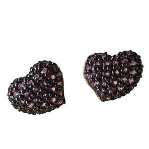Vintage Marked JZ 925 Sterling Silver Heart Rhinestone Earrings Lavender Purple